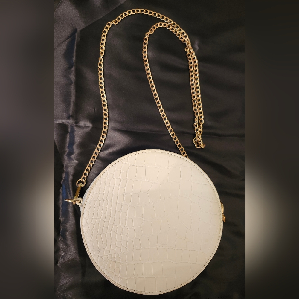 White Croc-Embossed Round Bag with Gold Chain